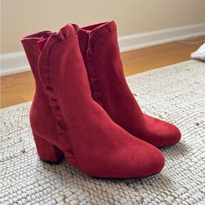 Elegant Red Ankle Booties with Ruffle Detail